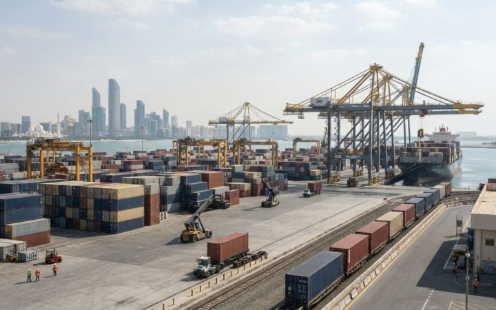 Illustration: Commercial container terminal operations at a deepwater Middle Eastern seaport, showing gantry cranes, stacked shipping containers, and