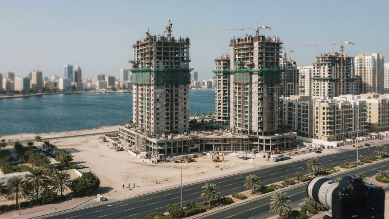 Illustration: Editorial photograph showing modern waterfront residential towers and mixed-use developments under construction in Sharjah under clear d