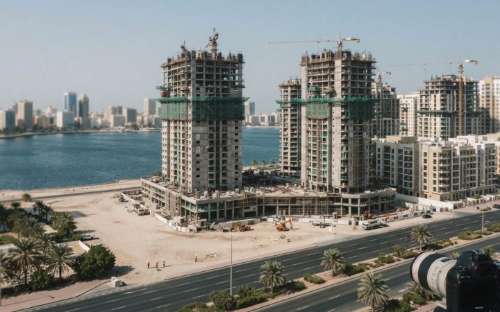Illustration: Editorial photograph showing modern waterfront residential towers and mixed-use developments under construction in Sharjah under clear d