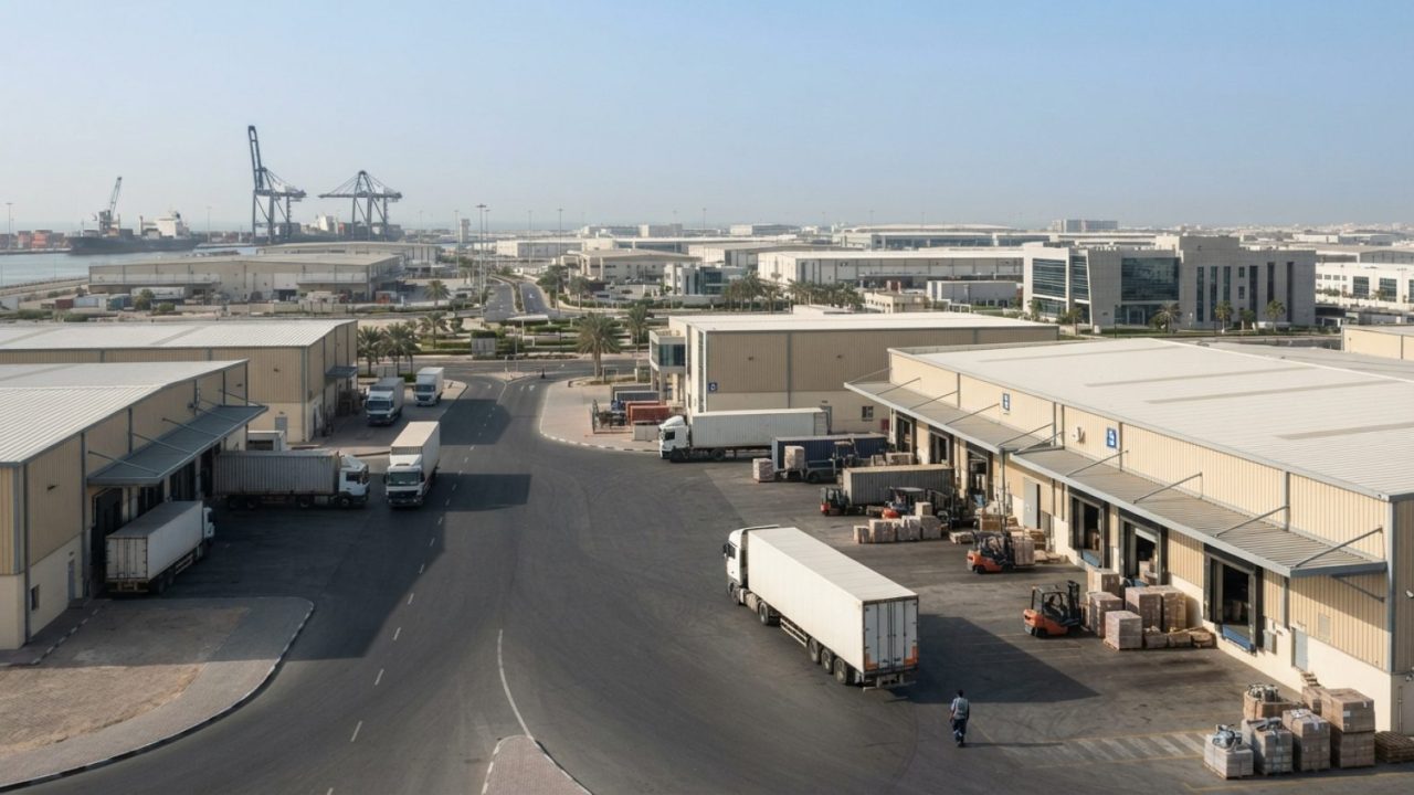 Illustration: A modern logistics warehouse and commercial development zone in Sharjah bathed in daylight, featuring clean architectural lines, transpo