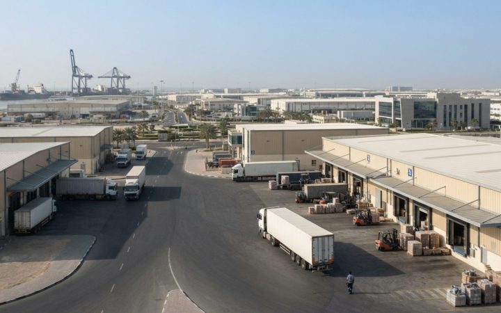 Illustration: A modern logistics warehouse and commercial development zone in Sharjah bathed in daylight, featuring clean architectural lines, transpo