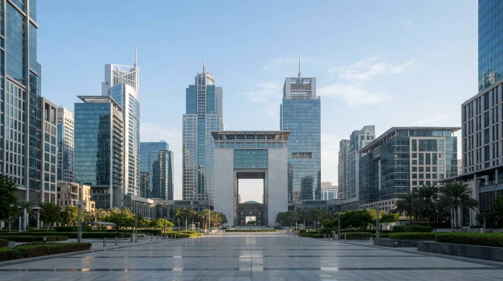 Illustration: An architectural wide shot of modern glass commercial towers and trading floor headquarters in Dubai's financial centre under morning su