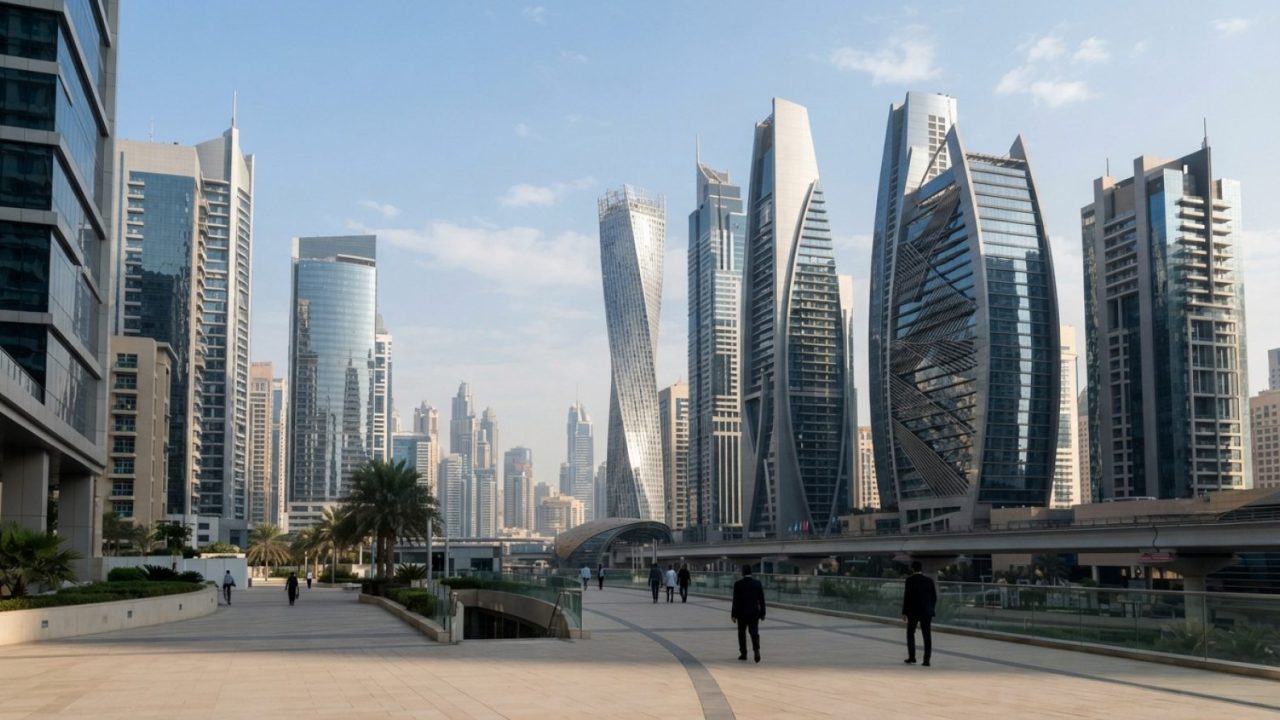 Illustration: Editorial photograph of contemporary architectural office towers and financial buildings in Dubai under bright morning daylight, clear g