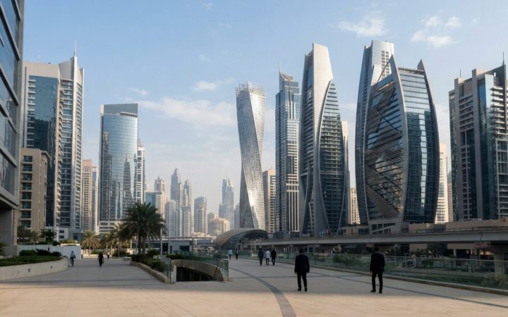 Illustration: Editorial photograph of contemporary architectural office towers and financial buildings in Dubai under bright morning daylight, clear g