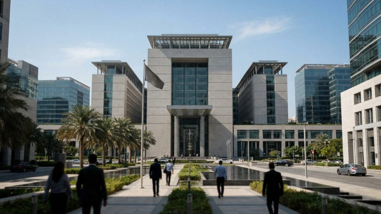 Illustration: Exterior architectural view of modern corporate and government office buildings in the Dubai International Financial Centre area under a