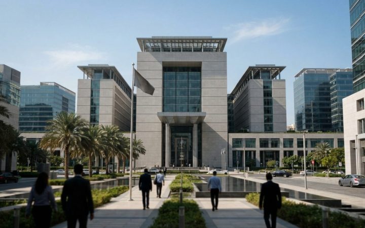 Illustration: Exterior architectural view of modern corporate and government office buildings in the Dubai International Financial Centre area under a