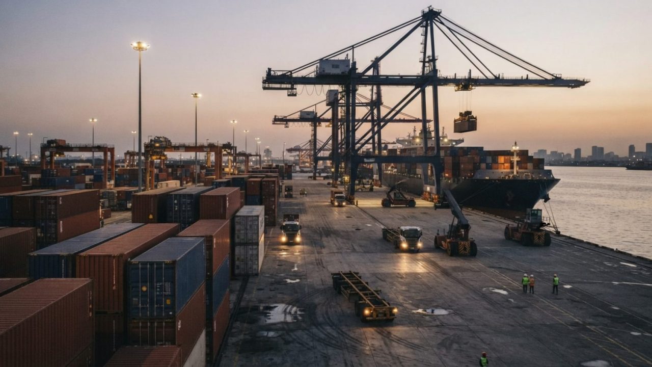 Illustration: Industrial cargo containers and heavy machinery equipment being loaded at a modern international trade logistics hub at dusk, clean docu