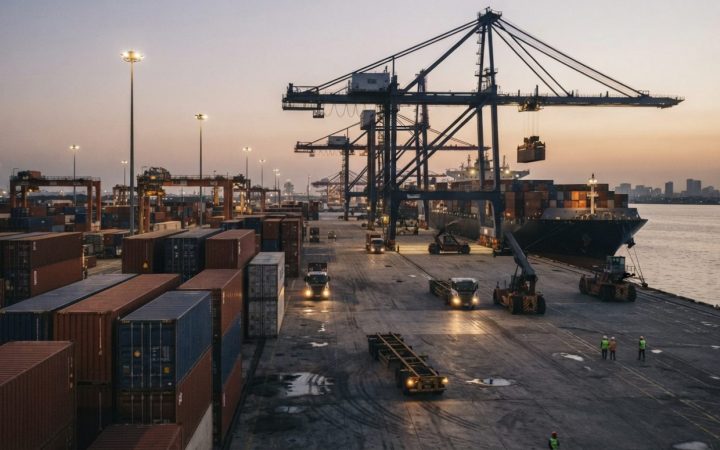 Illustration: Industrial cargo containers and heavy machinery equipment being loaded at a modern international trade logistics hub at dusk, clean docu