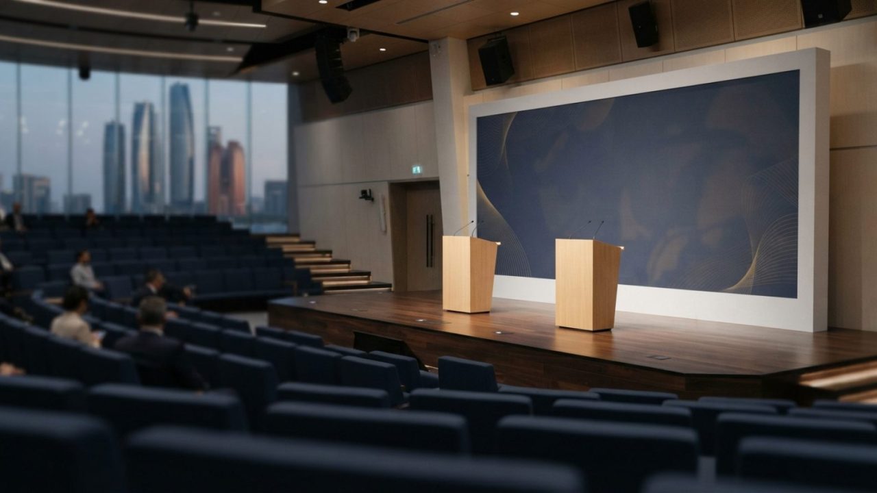 Illustration: A modern executive conference auditorium stage in Abu Dhabi with warm ambient lighting, sleek minimalist wooden podiums, a clean blue an