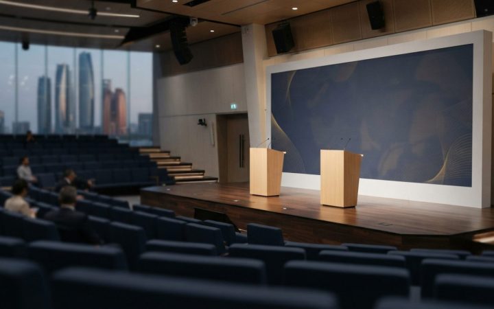 Illustration: A modern executive conference auditorium stage in Abu Dhabi with warm ambient lighting, sleek minimalist wooden podiums, a clean blue an