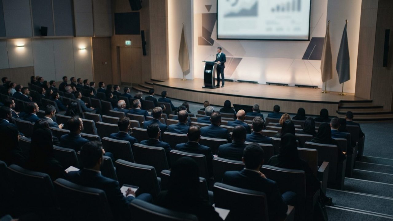 Illustration: Editorial photo of a modern conference auditorium in Abu Dhabi, showing a sleek presentation stage with presentation lectern, ambient li