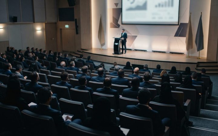 Illustration: Editorial photo of a modern conference auditorium in Abu Dhabi, showing a sleek presentation stage with presentation lectern, ambient li