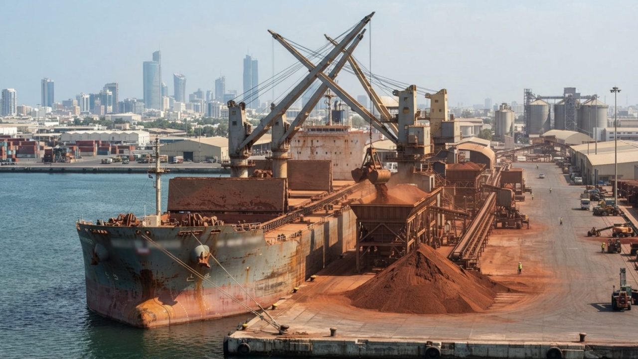Illustration: A large Capesize dry bulk carrier vessel docked at a commercial deepwater industrial port terminal, unloading reddish-brown bauxite ore