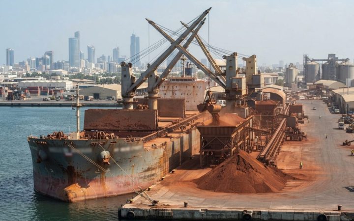 Illustration: A large Capesize dry bulk carrier vessel docked at a commercial deepwater industrial port terminal, unloading reddish-brown bauxite ore