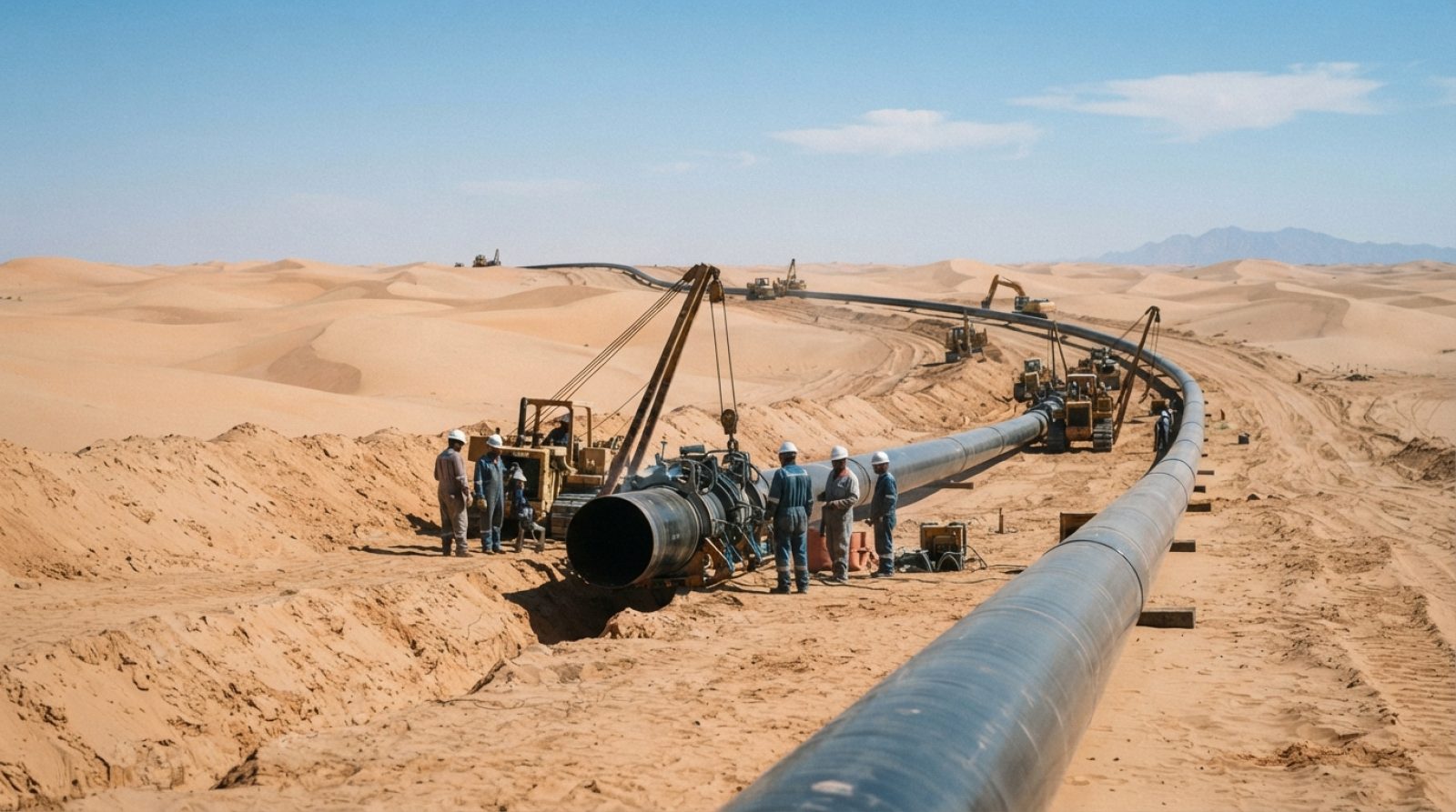 Illustration: A large-diameter steel natural gas pipeline under construction across sand dunes in the Arabian desert, with automated welding equipment