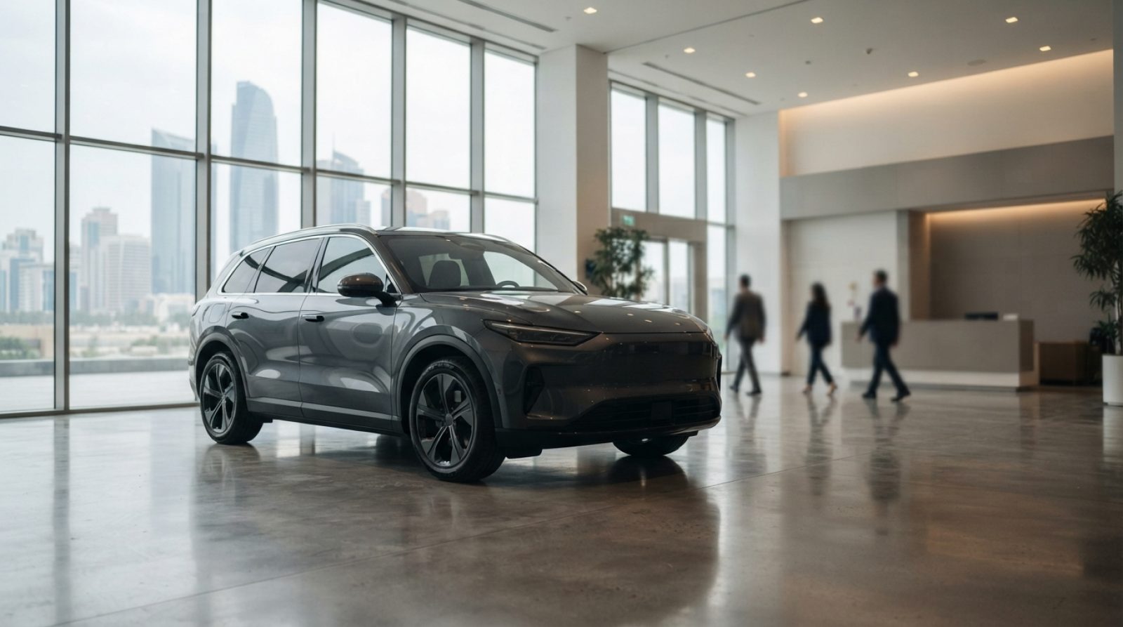 Illustration: A modern luxury full-size electric SUV parked in a sleek contemporary automotive showroom with floor-to-ceiling glass windows and polish