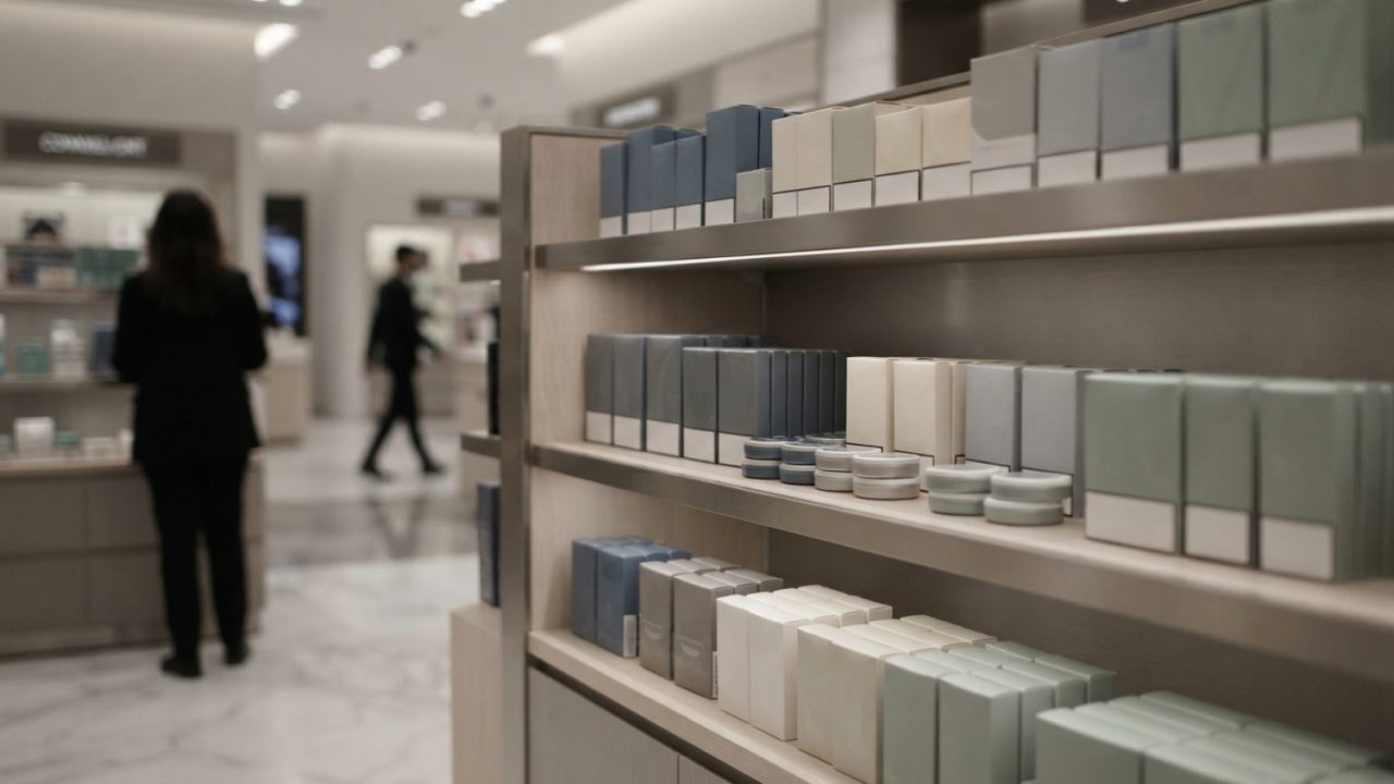Illustration: Editorial photograph of modern retail shelves in a premium Dubai store displaying alternative wellness and nicotine pouch packages in ne