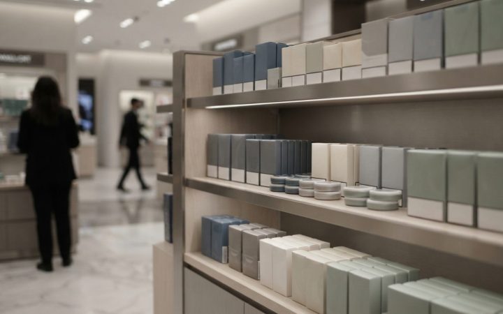 Illustration: Editorial photograph of modern retail shelves in a premium Dubai store displaying alternative wellness and nicotine pouch packages in ne