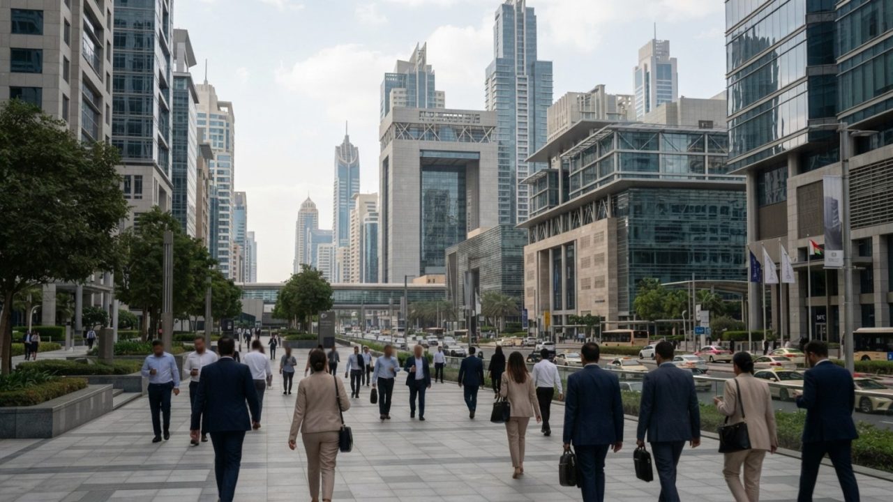Illustration: Editorial photograph showing modern financial skyscrapers in the Dubai International Financial Centre (DIFC) district during daylight, w