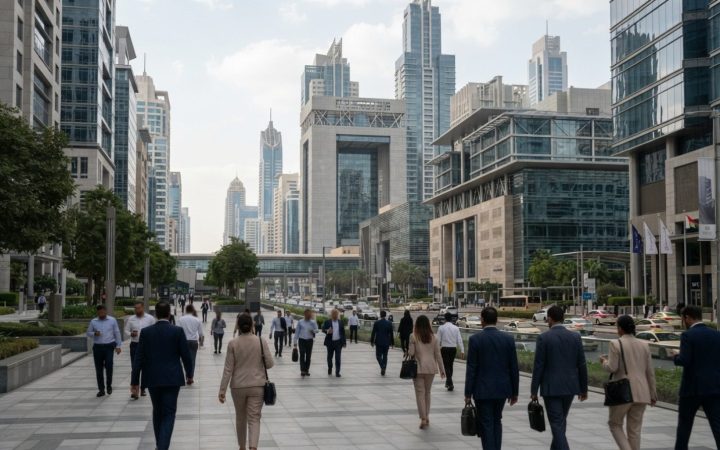 Illustration: Editorial photograph showing modern financial skyscrapers in the Dubai International Financial Centre (DIFC) district during daylight, w