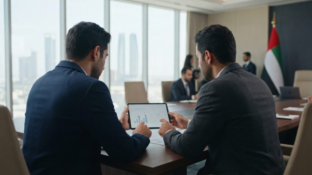 Illustration: A modern commercial office setting in the UAE with entrepreneurs reviewing digital financial reports on a tablet screen, bright natural