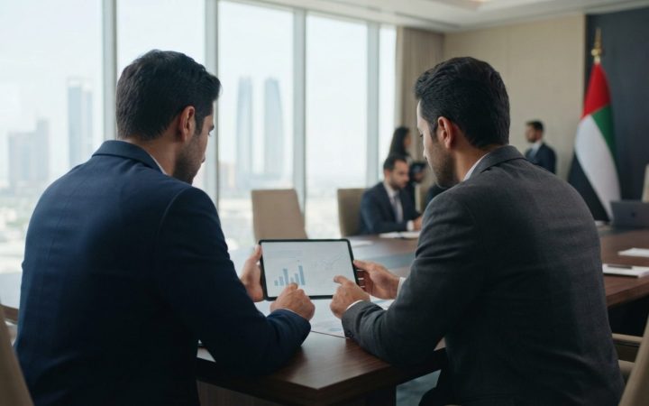 Illustration: A modern commercial office setting in the UAE with entrepreneurs reviewing digital financial reports on a tablet screen, bright natural