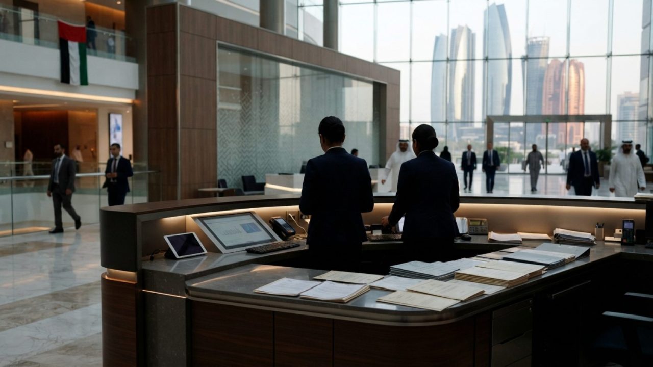 Illustration: A modern commercial service desk inside a contemporary corporate business center in the United Arab Emirates, showing official business