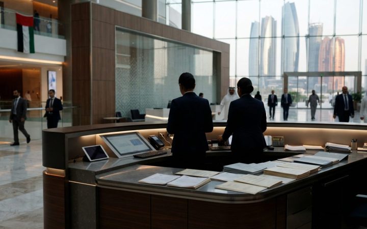 Illustration: A modern commercial service desk inside a contemporary corporate business center in the United Arab Emirates, showing official business