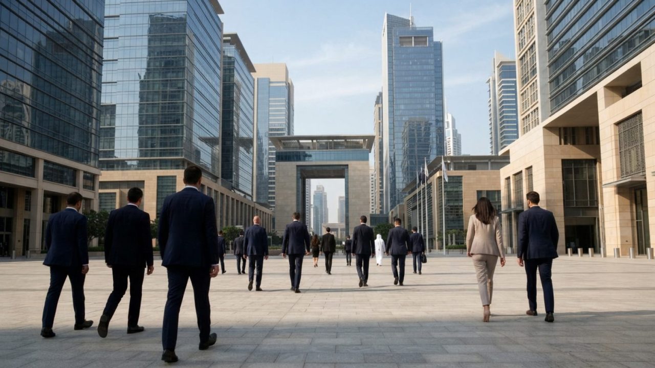 Illustration: Editorial photograph showing modern financial skyscrapers in Dubai International Financial Centre under bright daylight, featuring refle