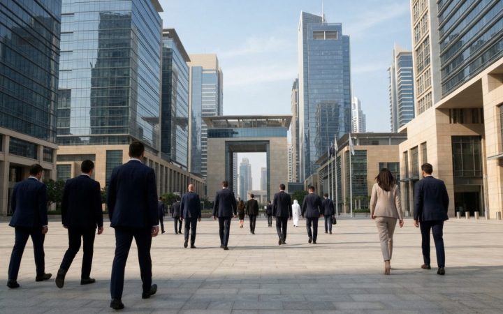 Illustration: Editorial photograph showing modern financial skyscrapers in Dubai International Financial Centre under bright daylight, featuring refle