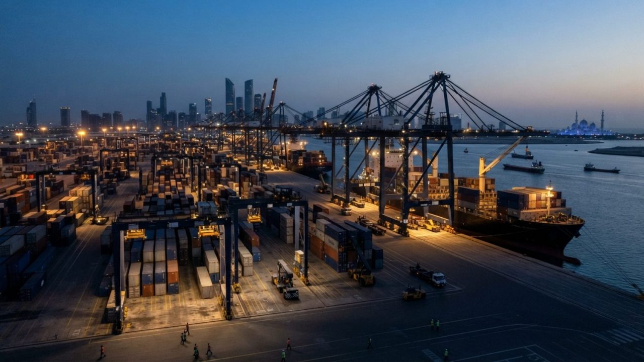 Illustration: A modern commercial container terminal at dusk featuring massive automated gantry cranes, stacked shipping containers, and cargo logisti