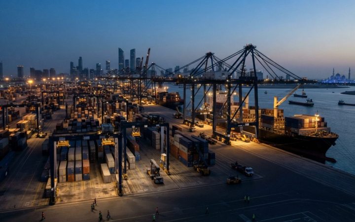 Illustration: A modern commercial container terminal at dusk featuring massive automated gantry cranes, stacked shipping containers, and cargo logisti