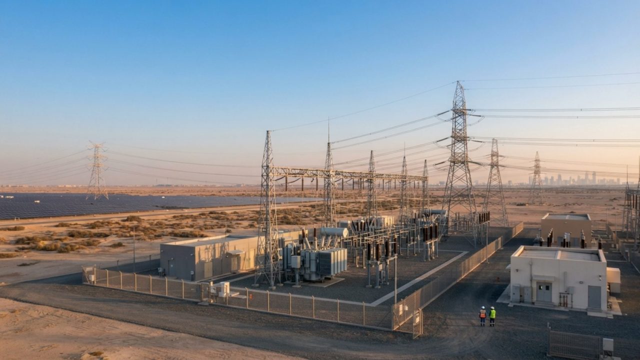 Illustration: A modern electric power transmission substation and high-voltage grid towers in a desert landscape outside Abu Dhabi at sunrise, with cl