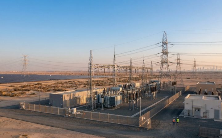Illustration: A modern electric power transmission substation and high-voltage grid towers in a desert landscape outside Abu Dhabi at sunrise, with cl