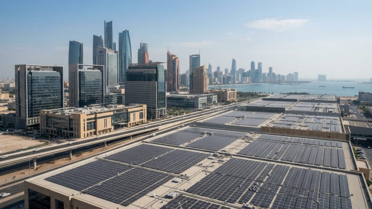 Illustration: A modern cityscape featuring energy infrastructure and contemporary financial district architecture in the United Arab Emirates, with ro