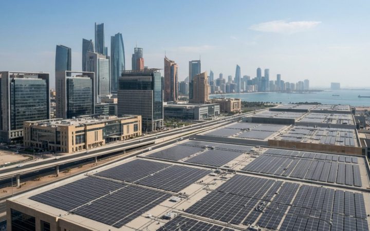رسم توضيحي: مشهد حضري حديث يضم بنية تحتية للطاقة وهندسة معمارية معاصرة لمنطقة مالية في دولة الإمارات العربية المتحدة، مع ro