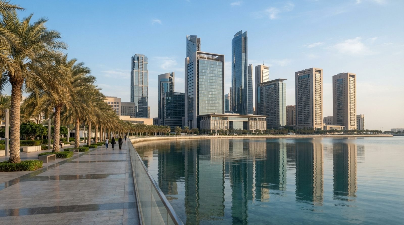 Illustration: Exterior view of modern glass-and-steel financial towers on Al Maryah Island in Abu Dhabi during late afternoon daylight, reflected on t