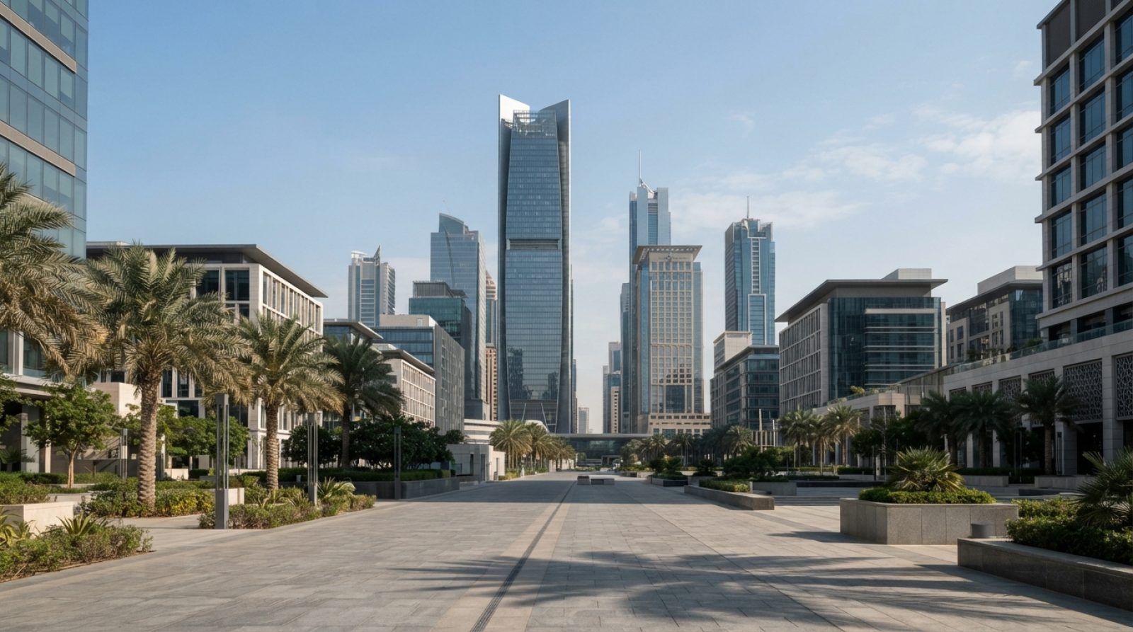 Illustration: A modern commercial cityscape of the Abu Dhabi financial district featuring glass high-rise towers and clean urban architecture under cl