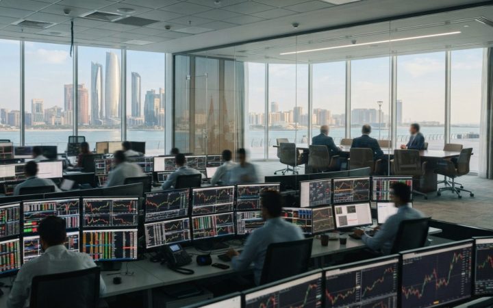 Illustration: A modern central bank trading floor and financial district boardroom overlooking the skyline of a Gulf financial center, featuring analy