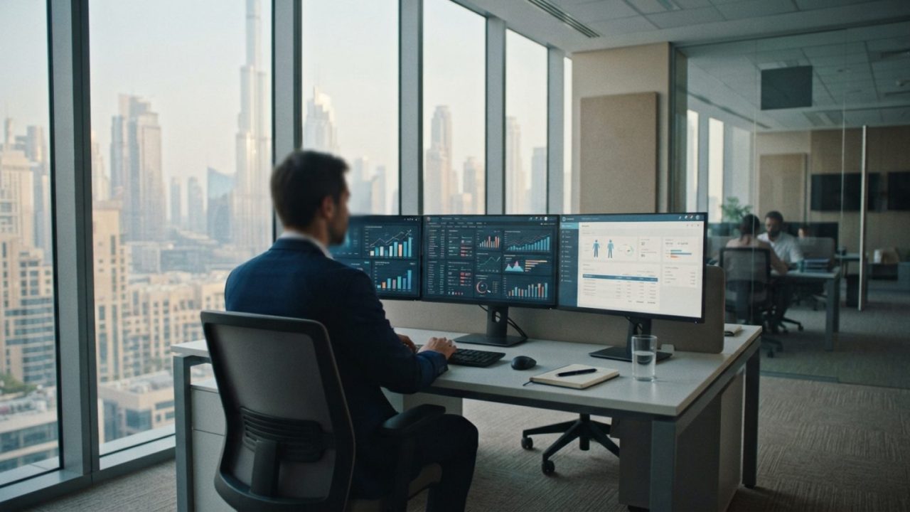 Illustration: A modern corporate finance office interior in Dubai, showing a desk with multiple monitors displaying digital invoice processing dashboa