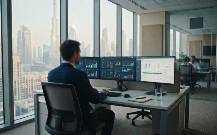 Illustration: A modern corporate finance office interior in Dubai, showing a desk with multiple monitors displaying digital invoice processing dashboa