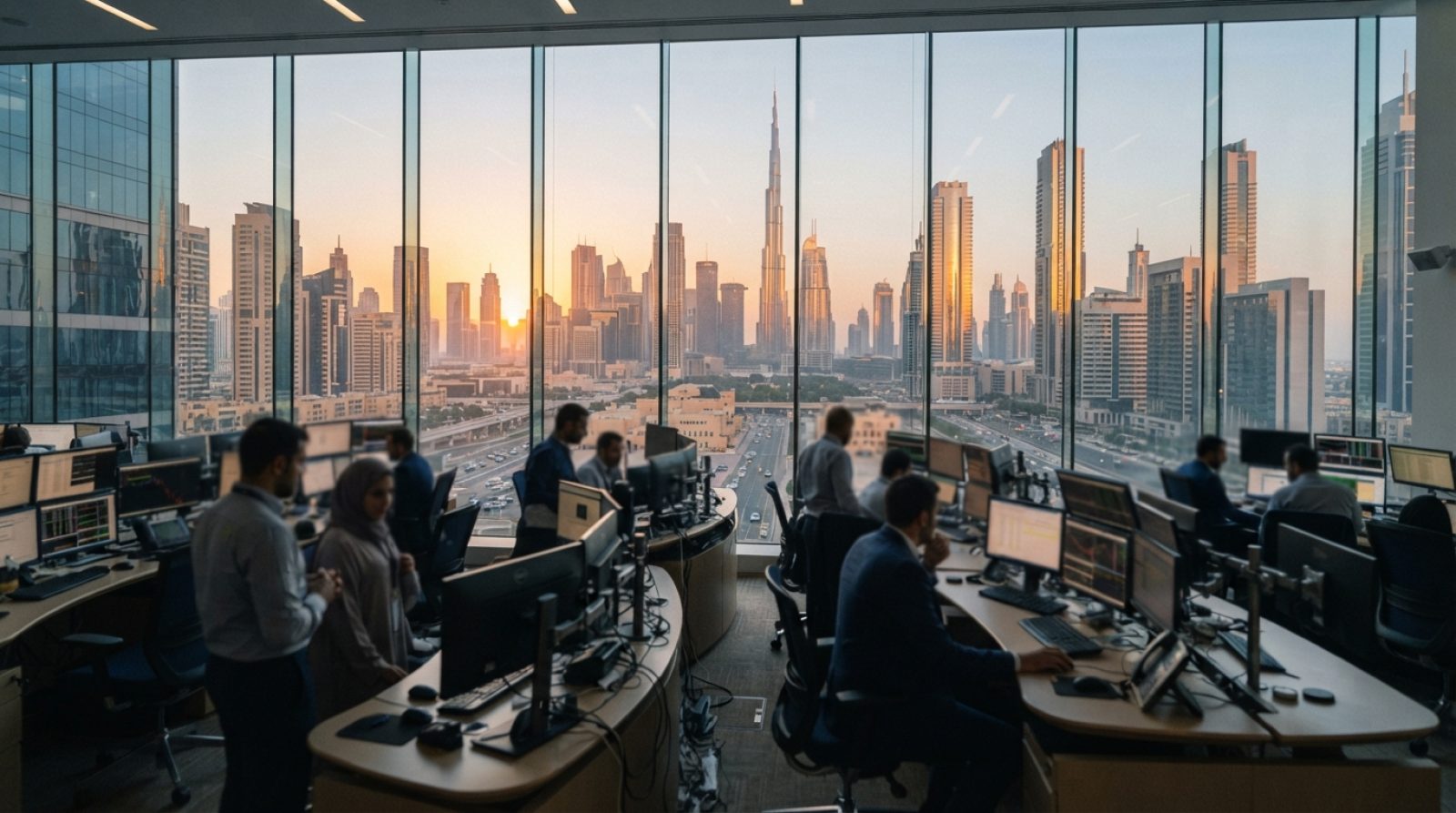 Illustration: A modern commercial banking trading floor and glass office tower in Singapore or Dubai at sunrise, with financial district skyscrapers r