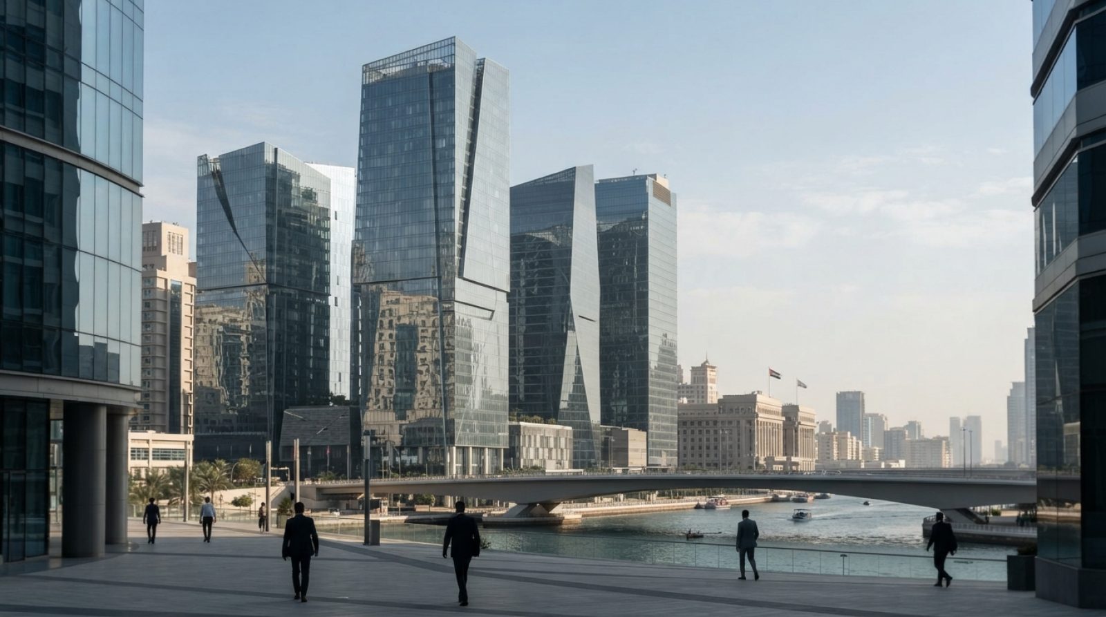 Illustration: Commercial bank office buildings and financial skyscrapers in a modern international banking district under clear daylight, with archite