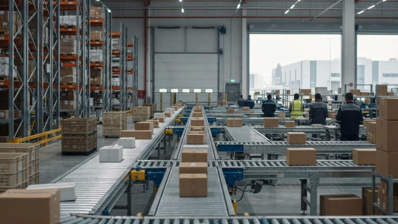 Illustration: Editorial documentary photo of a modern temperature-controlled logistics fulfilment warehouse in the UAE, showing automated conveyor lin