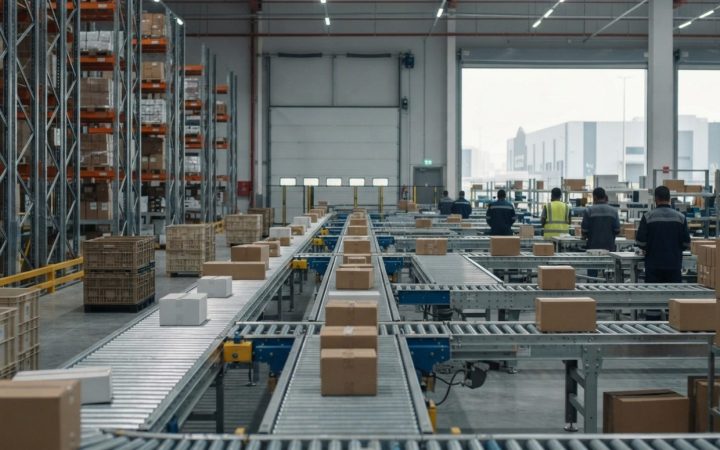 Illustration: Editorial documentary photo of a modern temperature-controlled logistics fulfilment warehouse in the UAE, showing automated conveyor lin