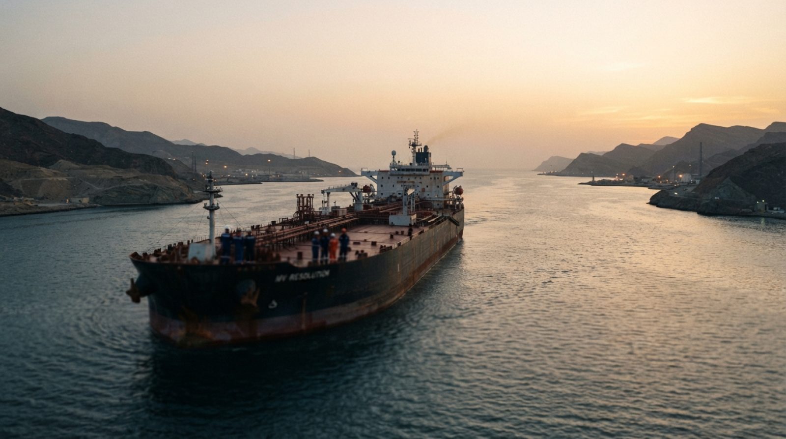 Illustration: An oil supertanker sailing through a narrow sea strait under a hazy dusk sky, calm waters reflecting warm sunset light, industrial marit