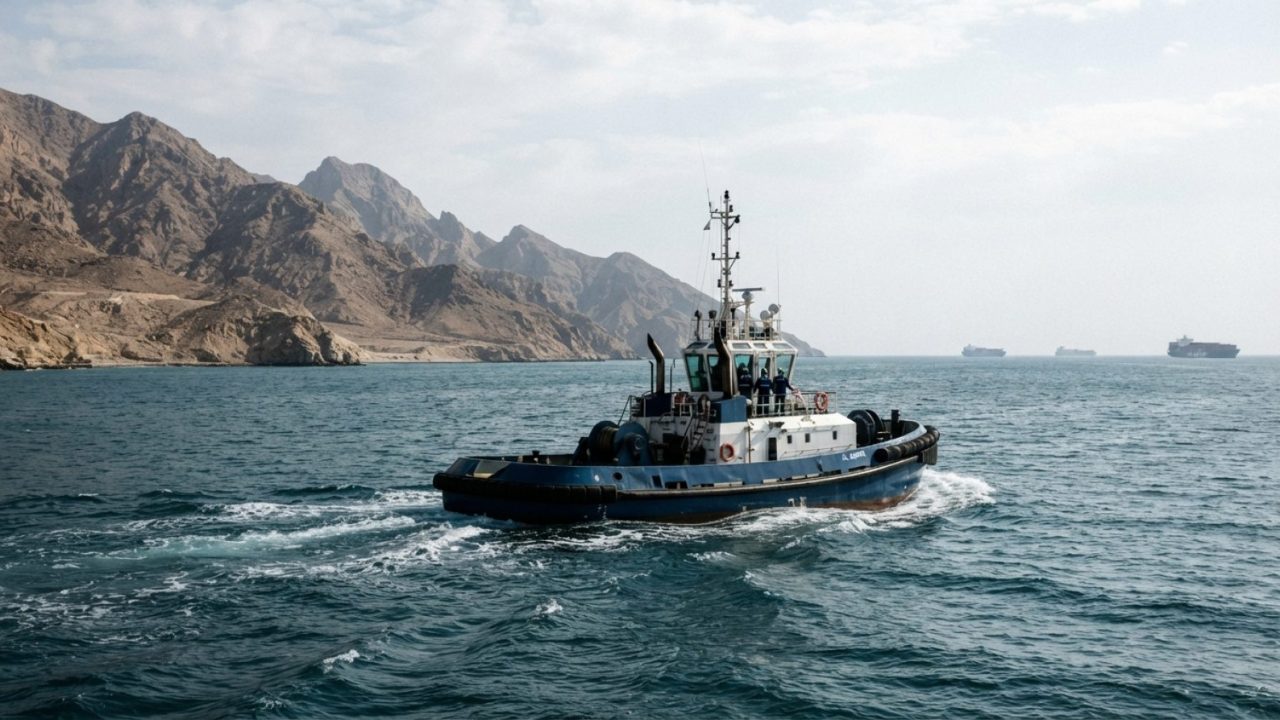 Illustration: A commercial maritime tugboat sailing through open blue coastal waters off a rugged mountain-lined coast under daylight, with shipping c