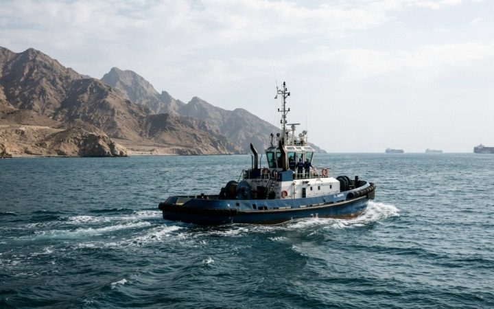 Illustration: A commercial maritime tugboat sailing through open blue coastal waters off a rugged mountain-lined coast under daylight, with shipping c