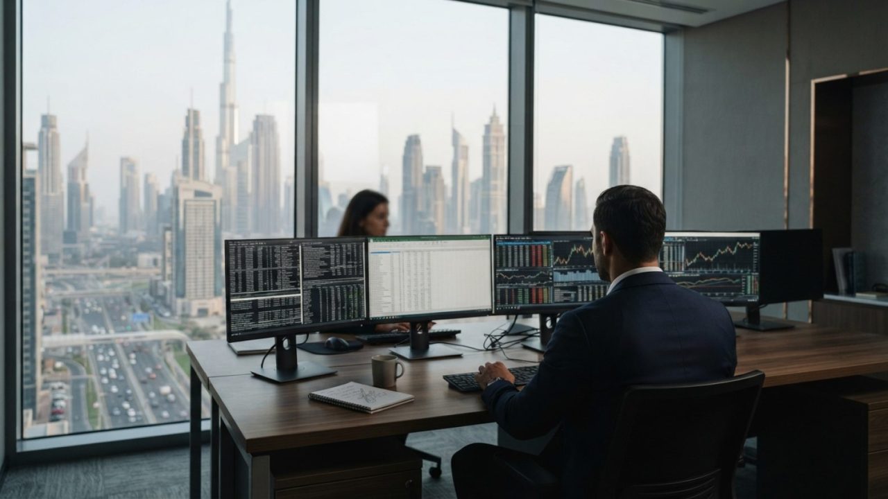 Illustration: A modern corporate financial advisory office in Dubai overlooking the city skyline, with multiple monitors displaying data spreadsheets,