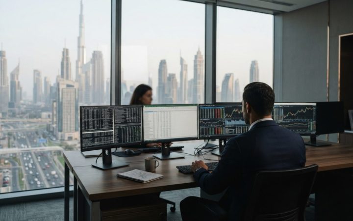 Illustration: A modern corporate financial advisory office in Dubai overlooking the city skyline, with multiple monitors displaying data spreadsheets,
